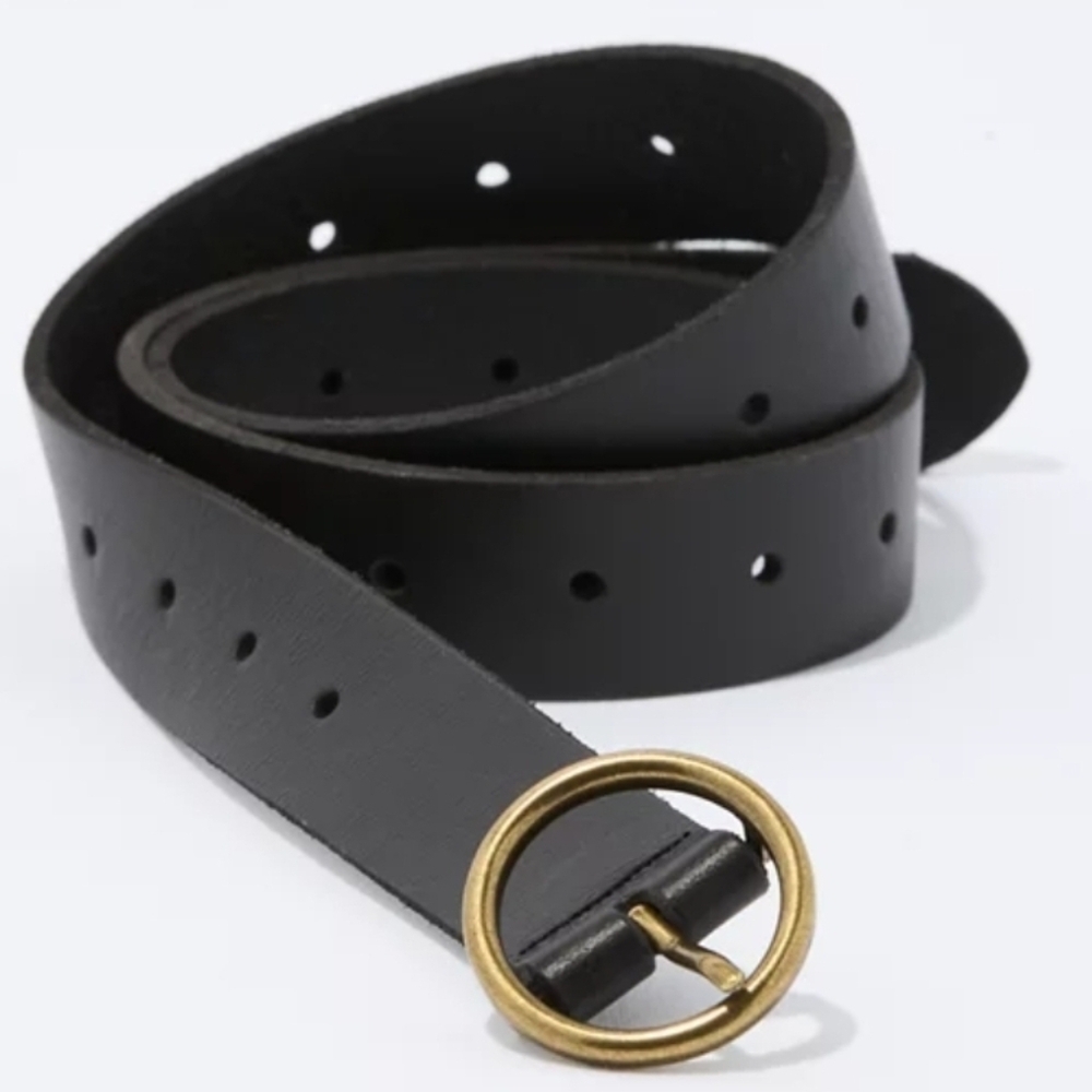 Classic Black Leather Belt with Gold Round Buckle